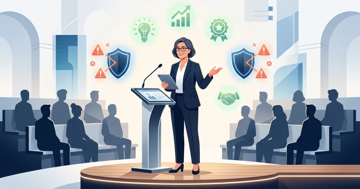 Opositora defendiendo su programación didáctica ante el tribunal con iconos de aciertos y errores