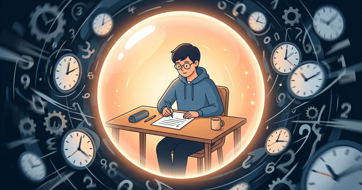 Opositor concentrado dentro de una burbuja protectora rodeado de relojes, representando control del estrés