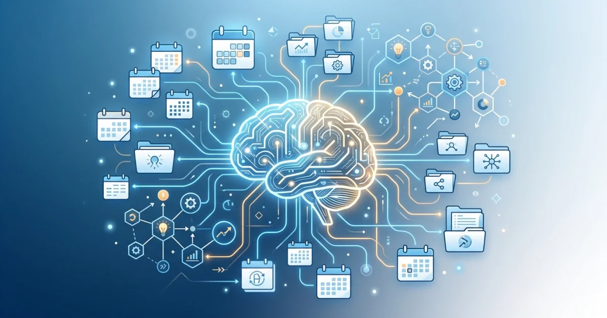 Cerebro conectado a calendarios, esquemas y fichas representando repaso espaciado y mapas conceptuales